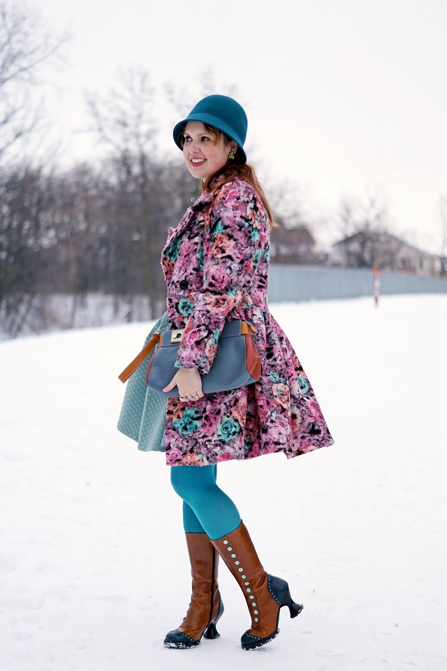 Winnipeg Canadian Fashion Blog, Tatyana blossom rose print lace flaired peplum retro vintage coat, Lord & Taylor striped blue brown cashmere sweater, H&M mint swing full quilted skirt, BCBG Max Azria belt, Betsey Johnson reptiles frog necklace, Danier leather blocked bag, John Fluevog limited edition special color brown blue mint retro Mini Babycake leather boots